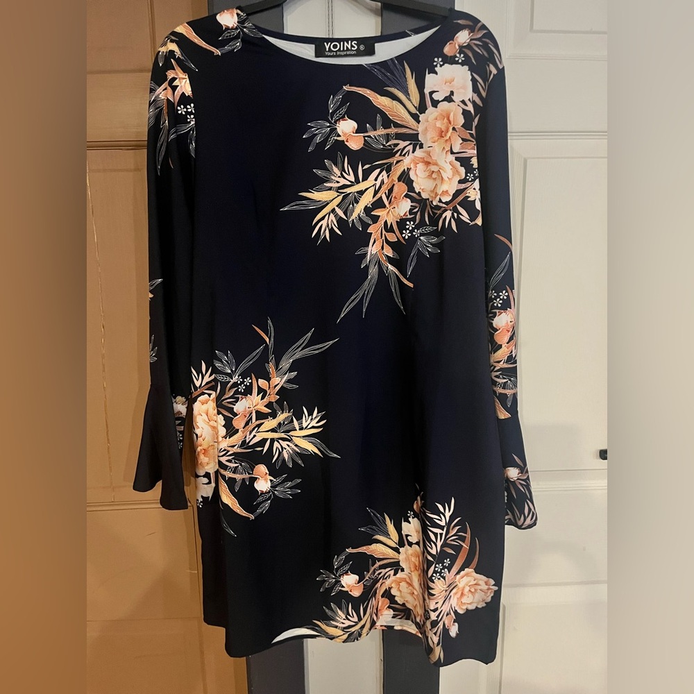 YOINS Navy Floral Long Sleeve Dress
